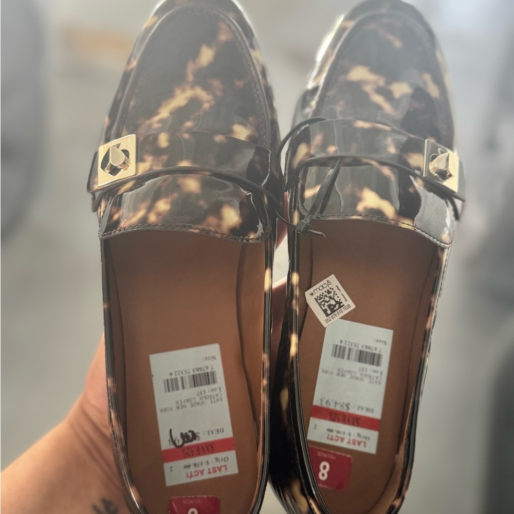 kate spade Tortoiseshell Patent Penny Loafers in Brown & Cream